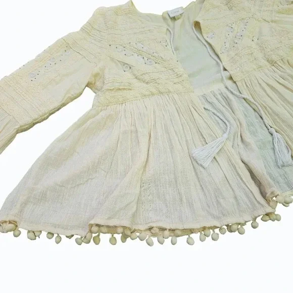 Embroidered Embellished Hippie BOHO Kimono Tie Front Prairie Shrug Cream Medium - Picture 7 of 13